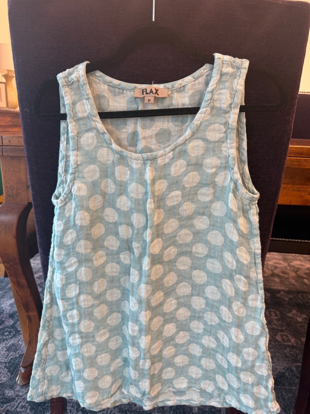 NWOT FLAX Light Blue Linen Tank Top with White Polka Dots - Petite